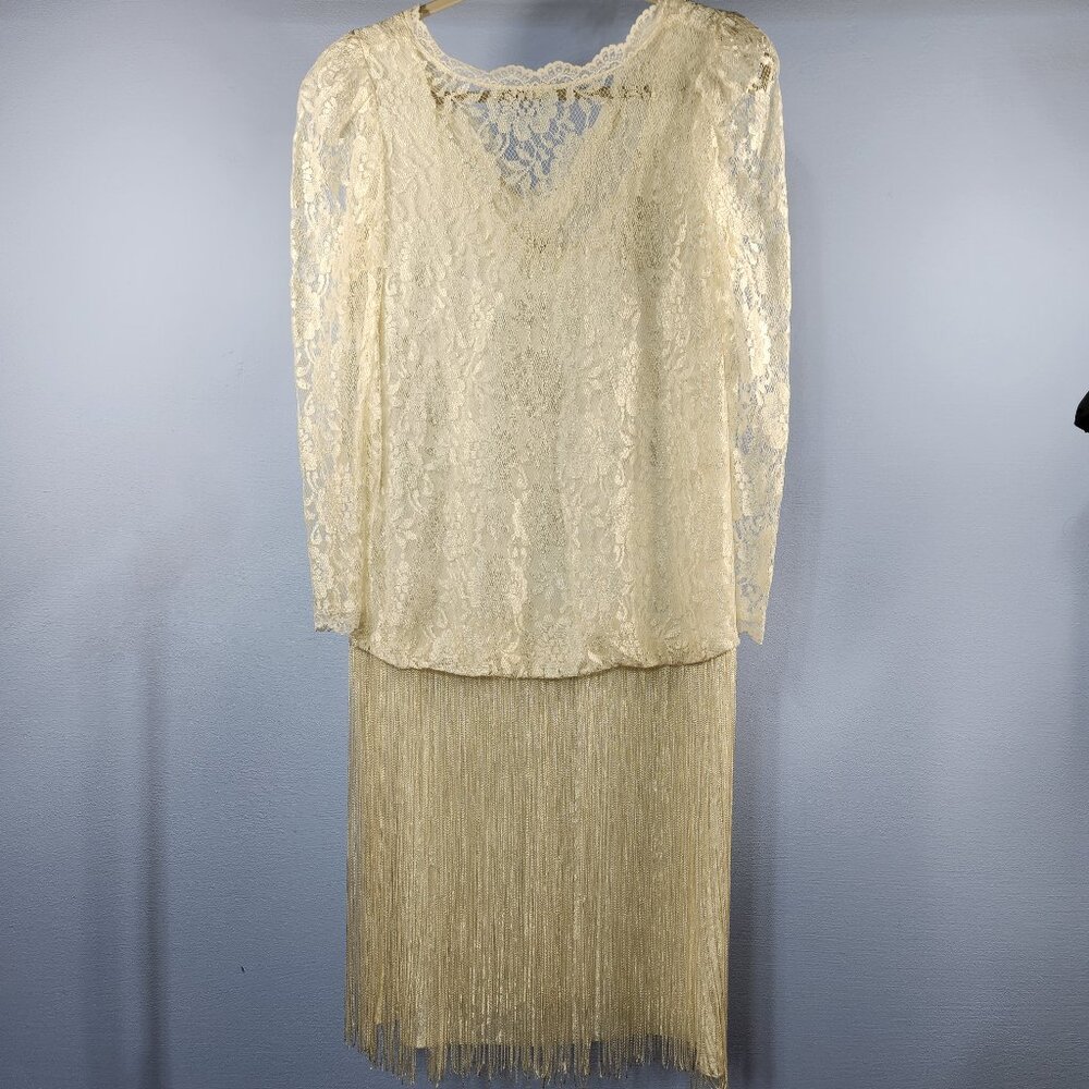 Vintage New Leaf by SAMIR Flapper Style Midi Lace Dress Silk Fringe Wedding
